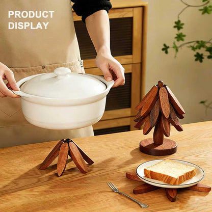 Natural Foldable Black Walnut Wood Insulation Pad Set — 4 Multifunctional Insulation Racks + 1 Hot Dish Rack, for Pots, Bowls, Teapots and Hot Pans
