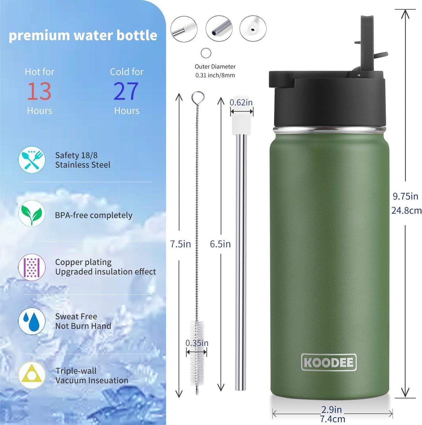 koodee 16 oz Stainless Steel Double Wall Vacuum Insulated Sports Water Bottle with Straw for Boys and Girls (Grass