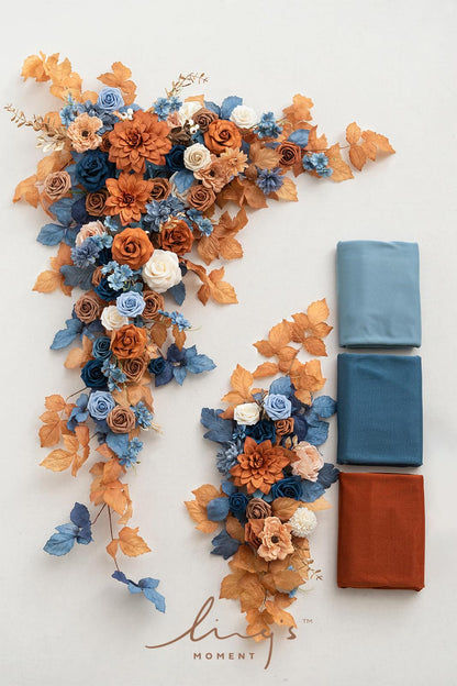 Ling's moment Fall Wedding Arch Flowers with Sheer Drapes Kit - Artificial Orange and Navy Blue Floral Arrangements for Ceremony Backdrop, Arbor Decor, 5-Piece Set (2 Flower Stems + 3 Hanging Drapes)