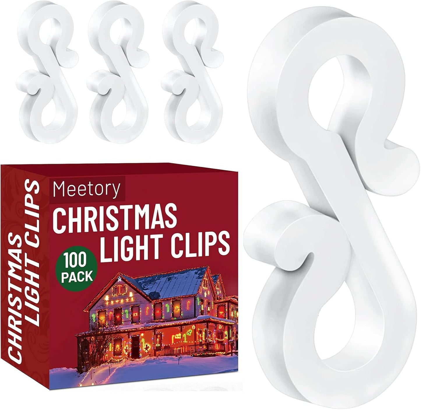 Meetory Christmas Light Clips, 100 Mini Hanging Hooks for Gutters & Shingles, Weatherproof Plastic Hooks