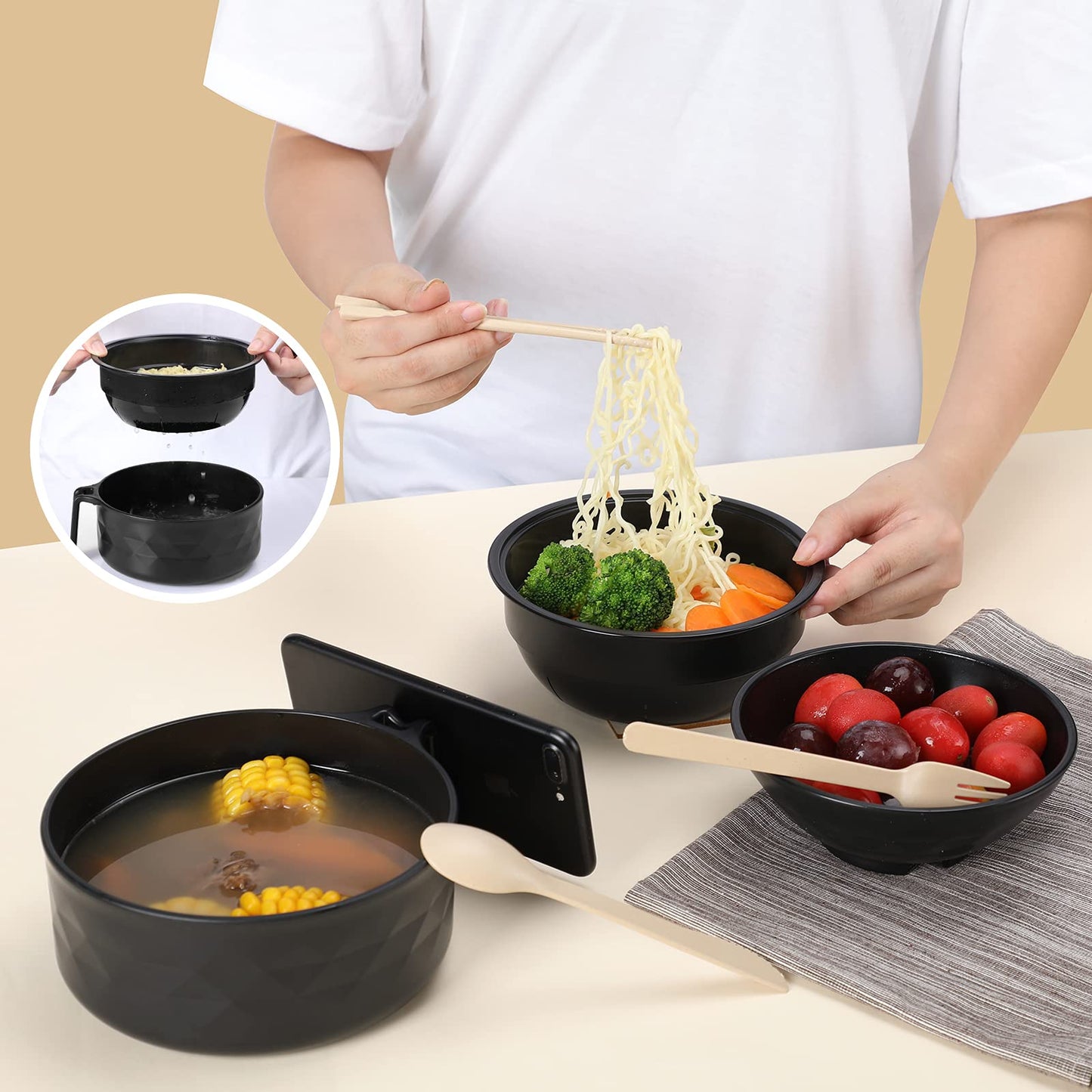RORBAM Microwave Ramen Cooker,Ramen Bowl Set,Microwave Noodle Bowl With Chopsticks and Spoon, College Dorm Room Essentials for Girls for Boys, Apartment Essentials, BPA-Free. (black) …