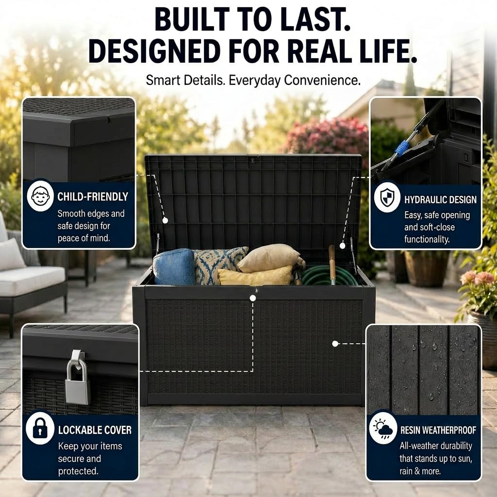 LAUSAINT HOME 320 Gallon Resin Deck Box, Package Delivery Box with Lockable Lid, Waterproof Outdoor Storage Box For Garden Tools, Patio Cushions(320 Gallon,Black)