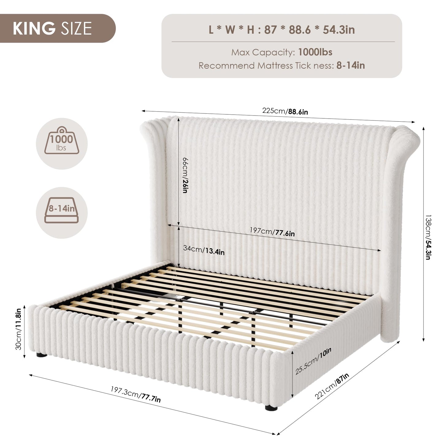 Keyluv King Bed Frame with 54.3” Tall Faux-Fur Wingback Headboard, Upholstered Platform Bed with LED Light, Mattress Foundation with Solid Wooden Slats Support, No Box Spring Needed, Noise-Free, Beige