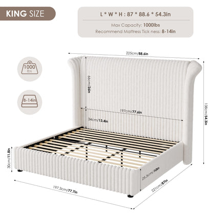 Keyluv King Bed Frame with 54.3” Tall Faux-Fur Wingback Headboard, Upholstered Platform Bed with LED Light, Mattress Foundation with Solid Wooden Slats Support, No Box Spring Needed, Noise-Free, Beige
