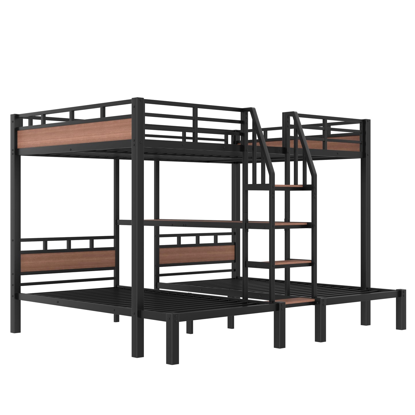 Bellemave Queen Over Twin Over Twin Bunk Bed with Stairs and Storage Shelf, Heavy Duty Triple Bunk Beds with Safety Guardrails, Metal Triple Bunk Bed Frame for 3 Kids, Teens, Black