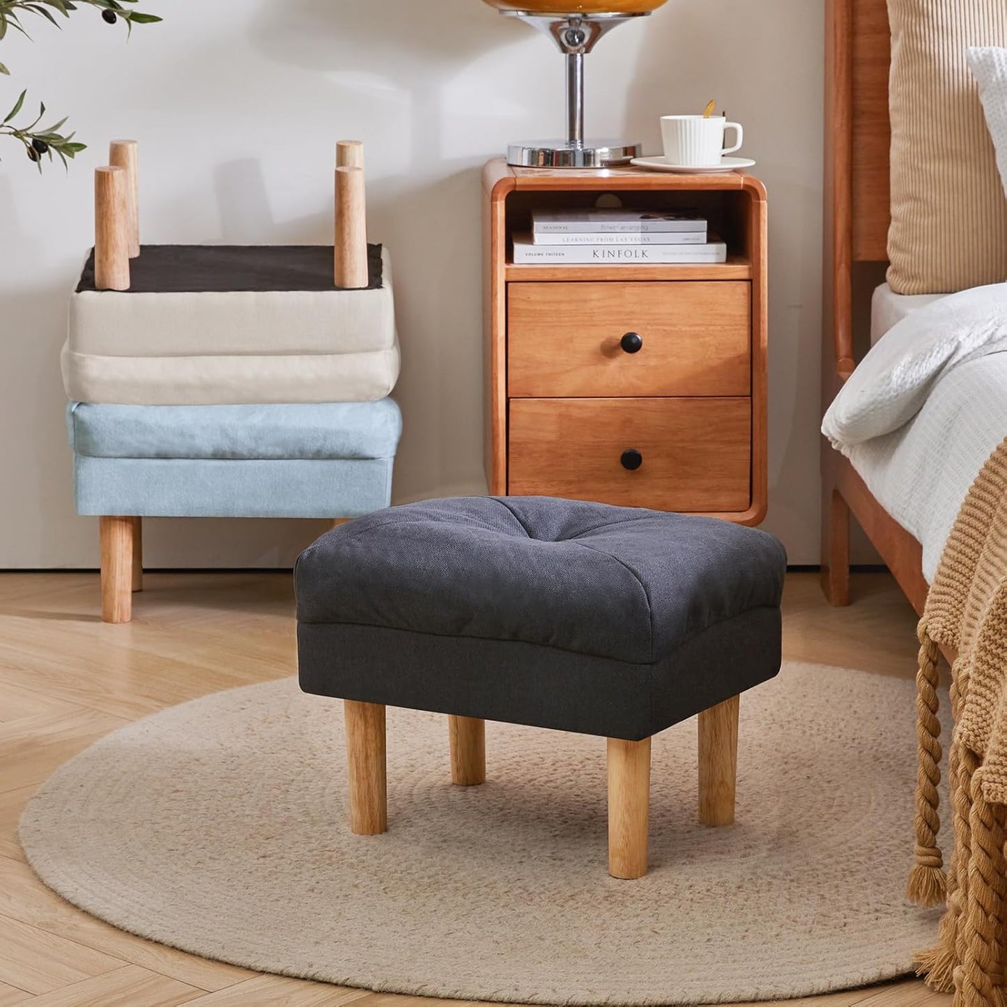 15.75" UHBD023BG YMYNY Small Foot Stool Ottoman, Footrest with Sponge Soft Padded Seat, Cotton-Linen Blend Fabric