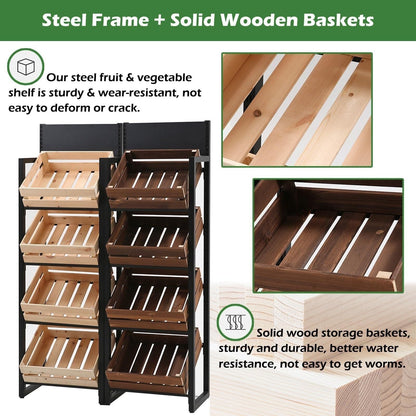 KYTGFH Commercial Supermarket Fruit Vegetable Shelf, Large Capacity Retail Snack Rack Display with Wood Baskets for Kitchen Storage.4 Tier,White Rack+Wooden Box