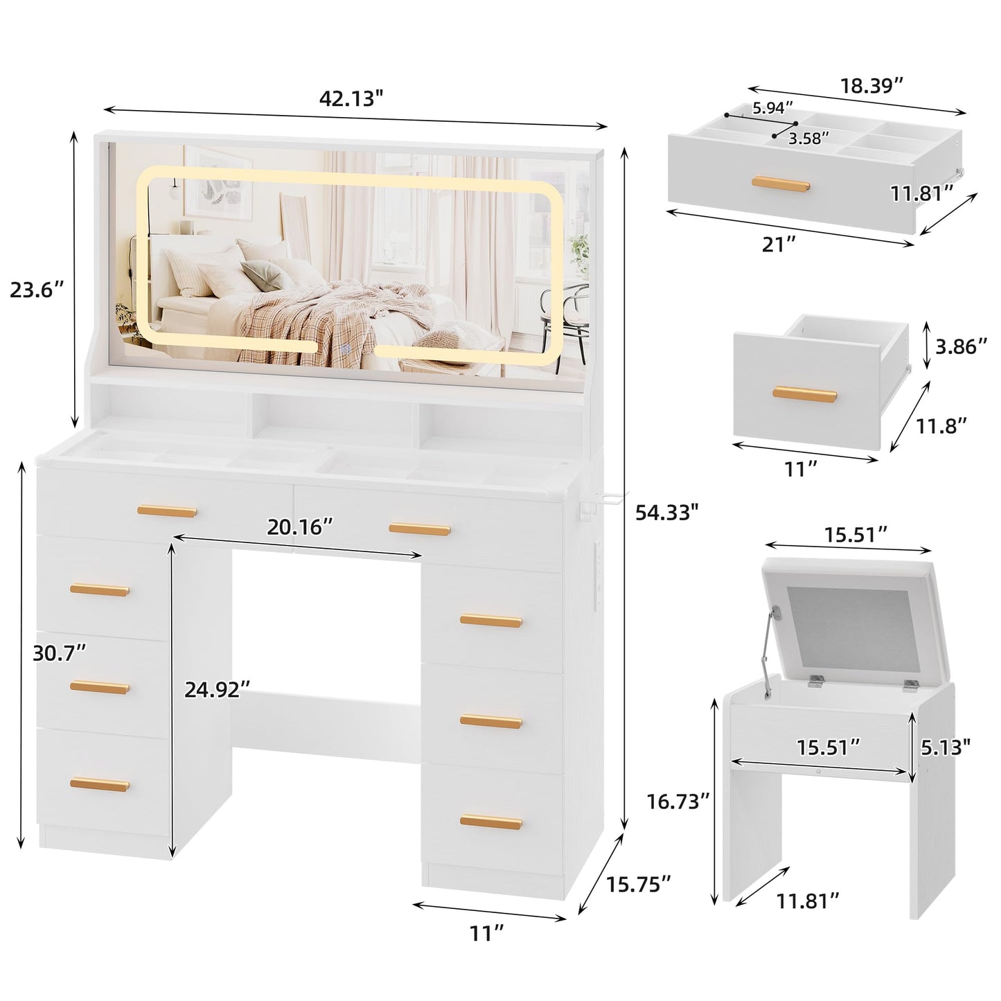 GAOMON Makeup Vanity Desk with Large Lighted Mirror, Vanity Desk with Glass Tabletop, 8 Drawers & 3 Storage Shelves, Vanity Set with Built-in Power Outlet for Bedroom & Dressing Area, White