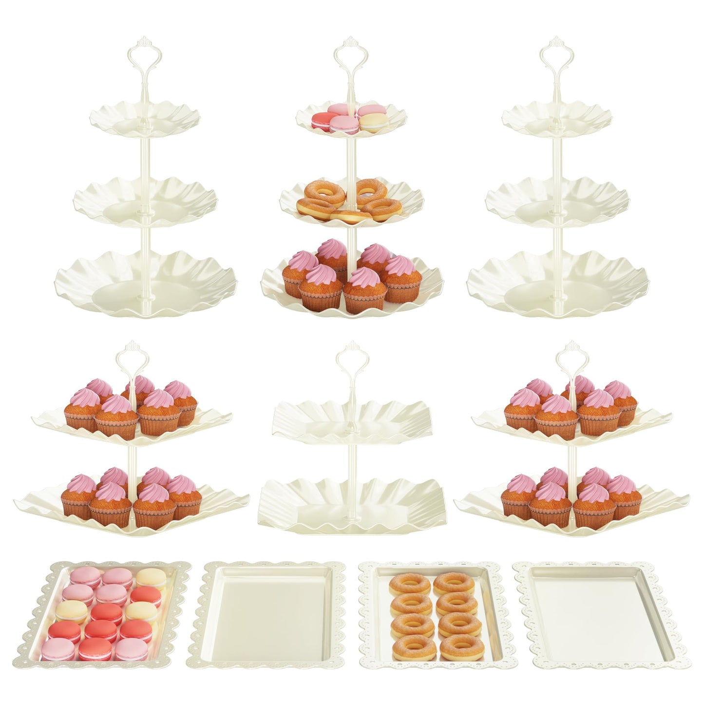 10 Pack Cake Stand Set with 3 x Two-Tier and 3 x Three-Tier Cupcake Stands, Plastic Dessert Table Stand Set 3 Tired Cookie Tray and 4 Pcs Dessert Trays