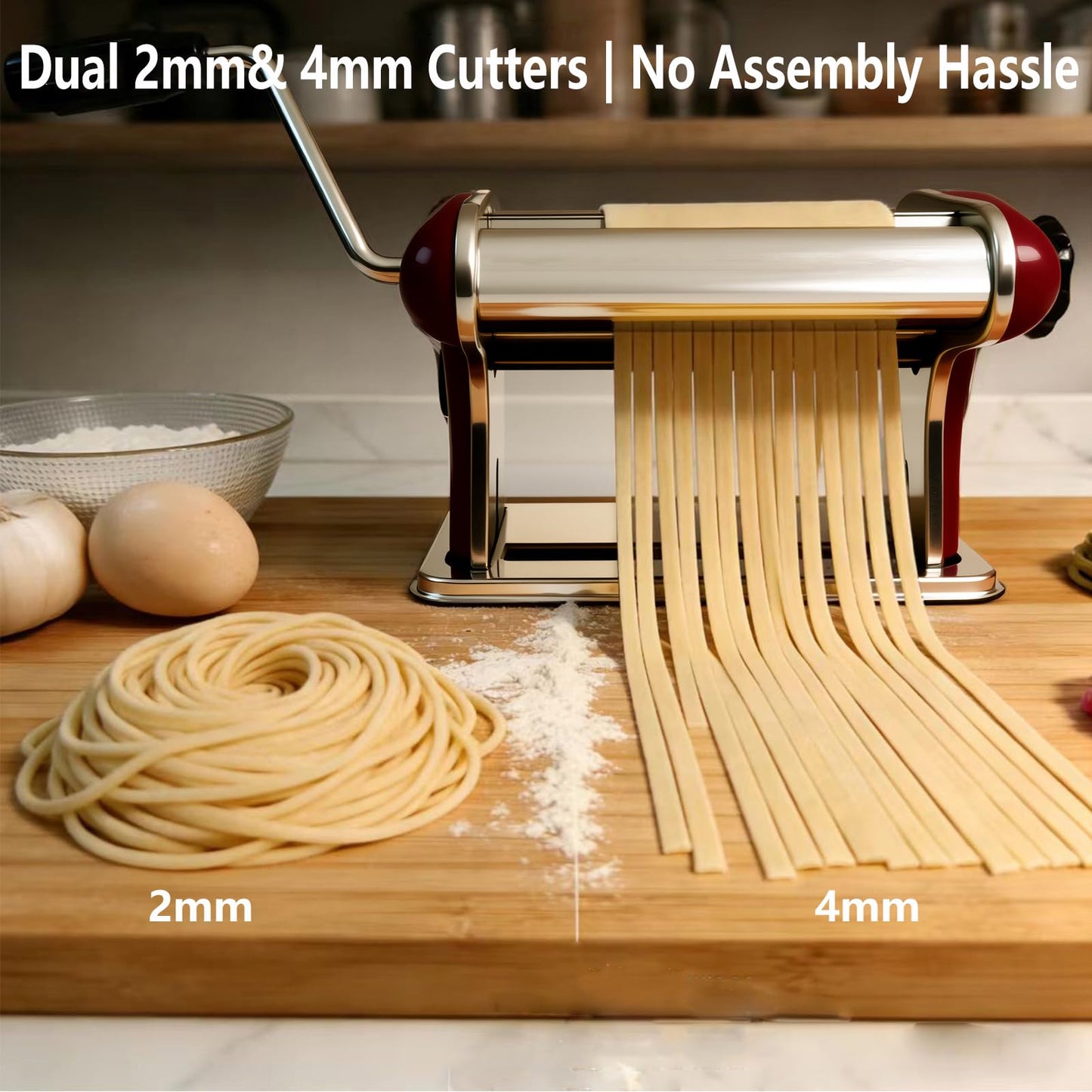 XINGYUEXUAN Pasta Maker Machine, Stainless Steel Manual Noodle Maker with 2mm & 4mm Cutters, Hand Crank for Homemade Spaghetti, Fettuccine, Lasagna & Dumpling