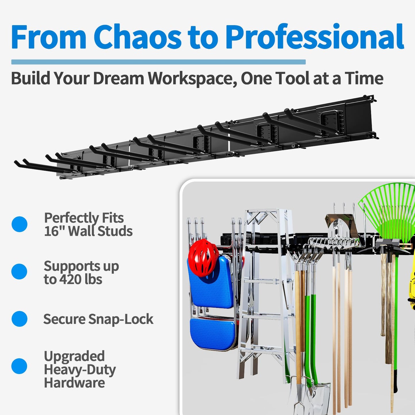 wallseffic Garage Tool Organizer Wall Mount, 48" Heavy Duty Wall Tool Organizer Rack with 6 Hooks, Garage Storage Tools Hanger for Shovel, Rake, Folding Chair, Garden Tools, Lawn, Yard, Shed