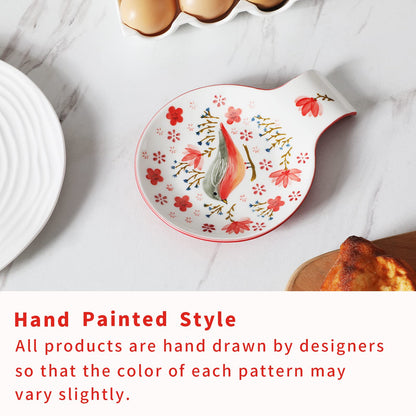 Magclay Hand Painted Spoon Rest, 5.5" Ceramic Spoon Holder for Stove Top and Kitchen Counter, Red Spring Bird Utensil Rest, Great Cooking Gifts for Bird Lover/Friend, Modern Kitchen Decorative