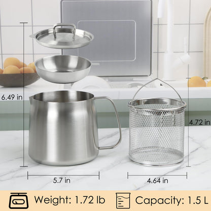 50oz 304 Stainless Steel Oil Filter Pot, Heavy Duty Bacon Grease Container & Deep Fryer Basket, Large Capacity Multi-function Oil Filter Vessel with Strainer for Kitchen Storing Frying Cooking Grease