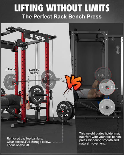 GOIMU RH01 Power Cage Rack, 2000LBS Squat Rack with with Cable Crossover System&LAT Pull Down System, Multi-Function Workout Cage for Home&Garage Gym (Red, RH01 Power Cage)