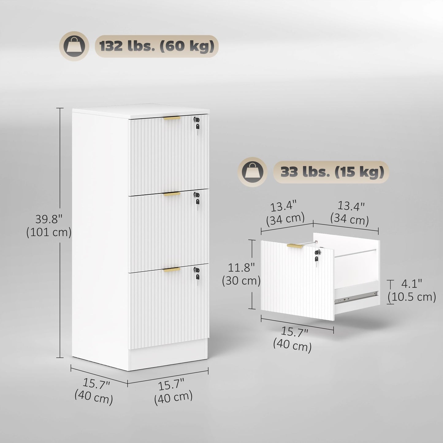 HOMCOM 3 Drawer File Cabinet, Fluted Vertical Filing Cabinet with Lock and Adjustable Hanging Rails for A4 Letter Size Files, Printer Stand with Storage, White