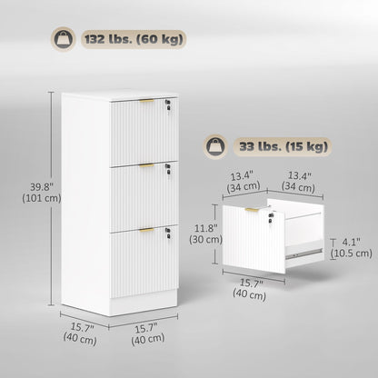 HOMCOM 3 Drawer File Cabinet, Fluted Vertical Filing Cabinet with Lock and Adjustable Hanging Rails for A4 Letter Size Files, Printer Stand with Storage, White