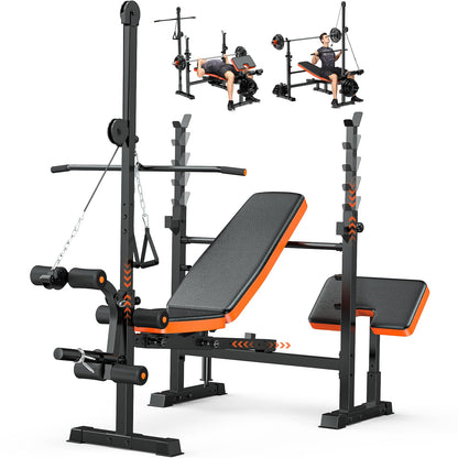 Fostoy 8-in-1 Adjustable Olympic Weight Bench with Lat Pulldown, Row, Squat Rack & Leg Curl – MultiFunction Strength Training Bench Press for Adjustable Seat for Home Gym(8in1 Olympic Weight Bench)