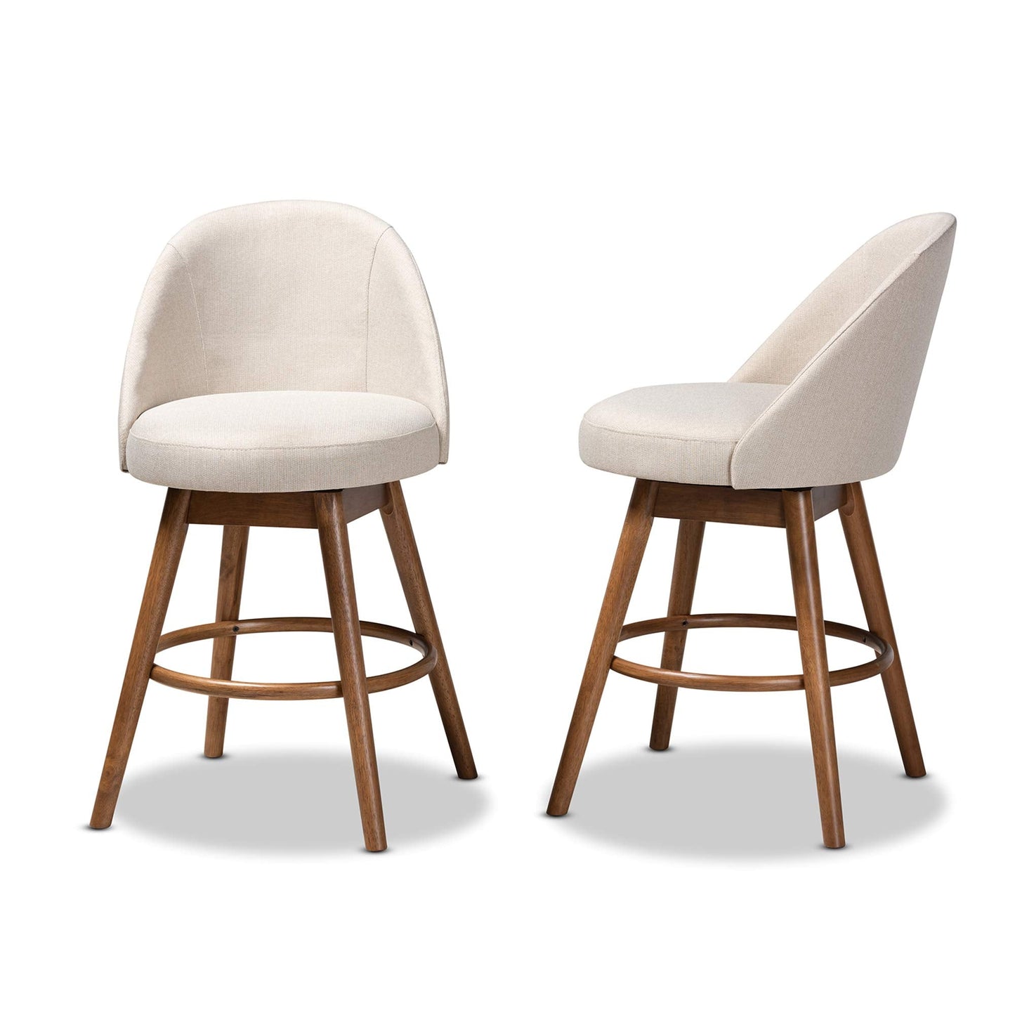 Baxton Studio Carra Mid-Century Modern Light Beige Fabric Upholstered Walnut-Finished Wood Swivel Counter Stool
