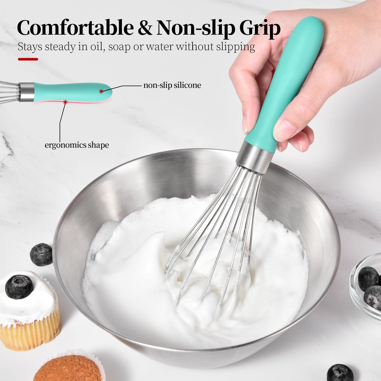 Lilybeam Small Whisk: Stainless Steel 9in Wire Balloon Wisk Kitchen Egg Whisker Heavy Duty Hand Mixer for Cooking Baking Whipping Blending Mixing Stirring Sauce, Flour, chocolate (Aqua Sky)