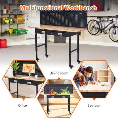 Workbench 60" x 22" Adjustable Height Worktable, Heavy Duty Rubber Wood Top, 2000 LBS Load Capacity, Tool Storage Workstation with Drawer, Pegboard, Power Outlets & Lockable Wheels, with Drawer Back