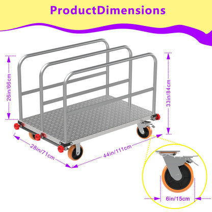 SCBoutique 3000 LBS Heavy Duty Steel Panel Cart Dolly - 2-in-1 Drywall Lumber Truck with 44 x 28 Inch 2MM Steel Plate, 6 Inch Swivel Brake Wheels & 1 Front 3 Side Handrails