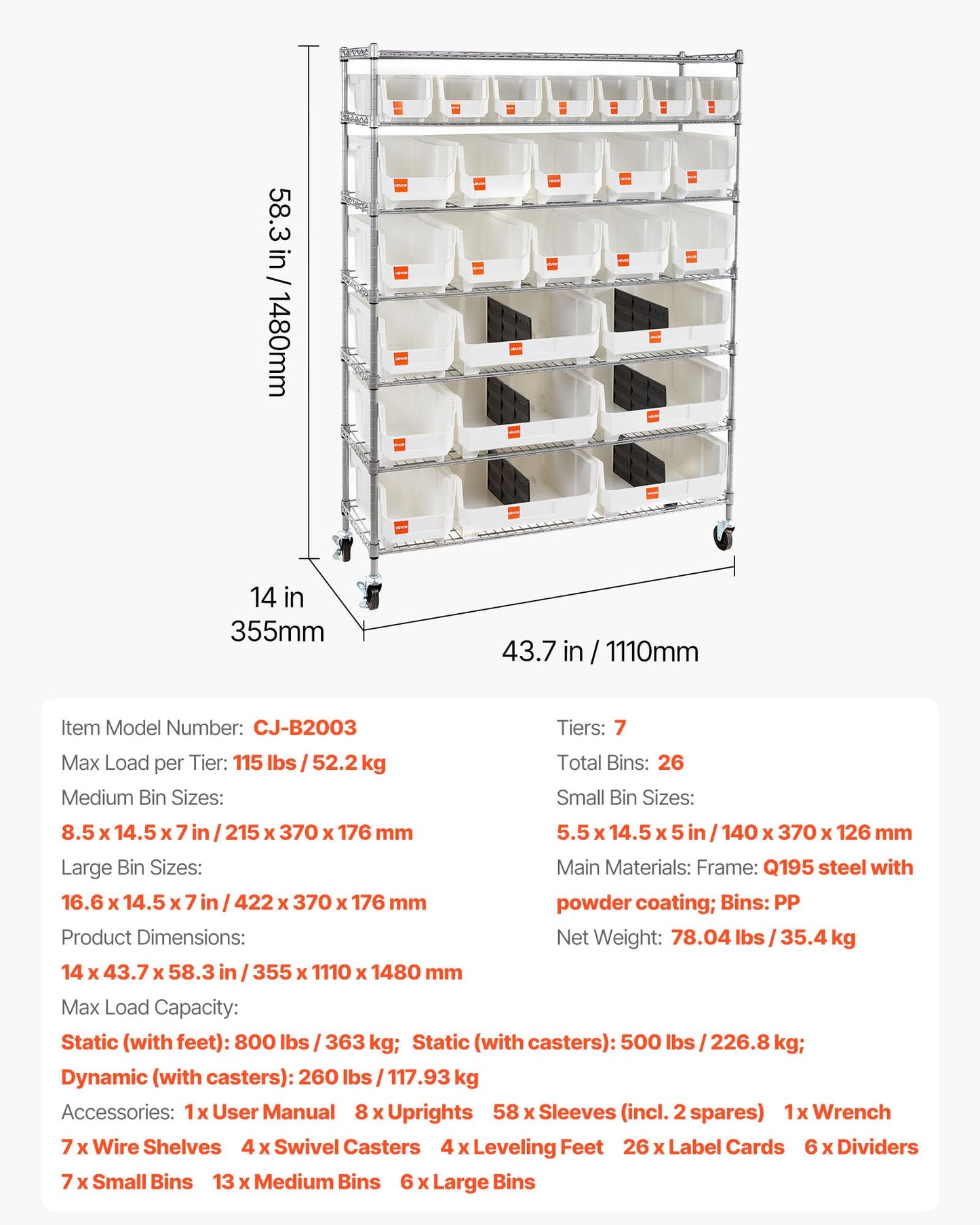 VEVOR 7-Tier Rolling Bin Storage Rack, 26 Organizer Bins, Bin Rack Storage Steel Wire Shelving System with Wheels, Mobile Tool Organizer for Garage, Warehouse, Office, Restaurant, Kitchen, Classroom