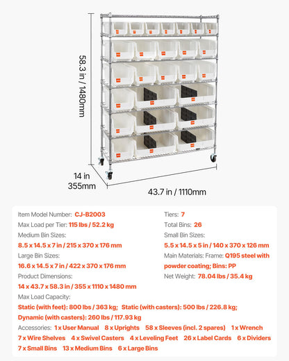 VEVOR 7-Tier Rolling Bin Storage Rack, 26 Organizer Bins, Bin Rack Storage Steel Wire Shelving System with Wheels, Mobile Tool Organizer for Garage, Warehouse, Office, Restaurant, Kitchen, Classroom