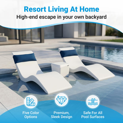 Aqua Outdoors Pool Chaise Lounge Chairs for Ledge & Shelf, Water-Weighted Pool Lounger for Depths Up to 9”, No Screw Plugs & Tools Needed, Classic White Ledge Lounger, Set of 2