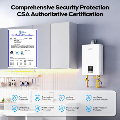 ORBEK Propane Tankless Water Heater 80,000 BTU 3.6 GPM Indoor CSA Certified Low Flow 0.53 GPM On-Demand for Cabins Tiny Homes 1-Bathroom with Remote Control LED Display