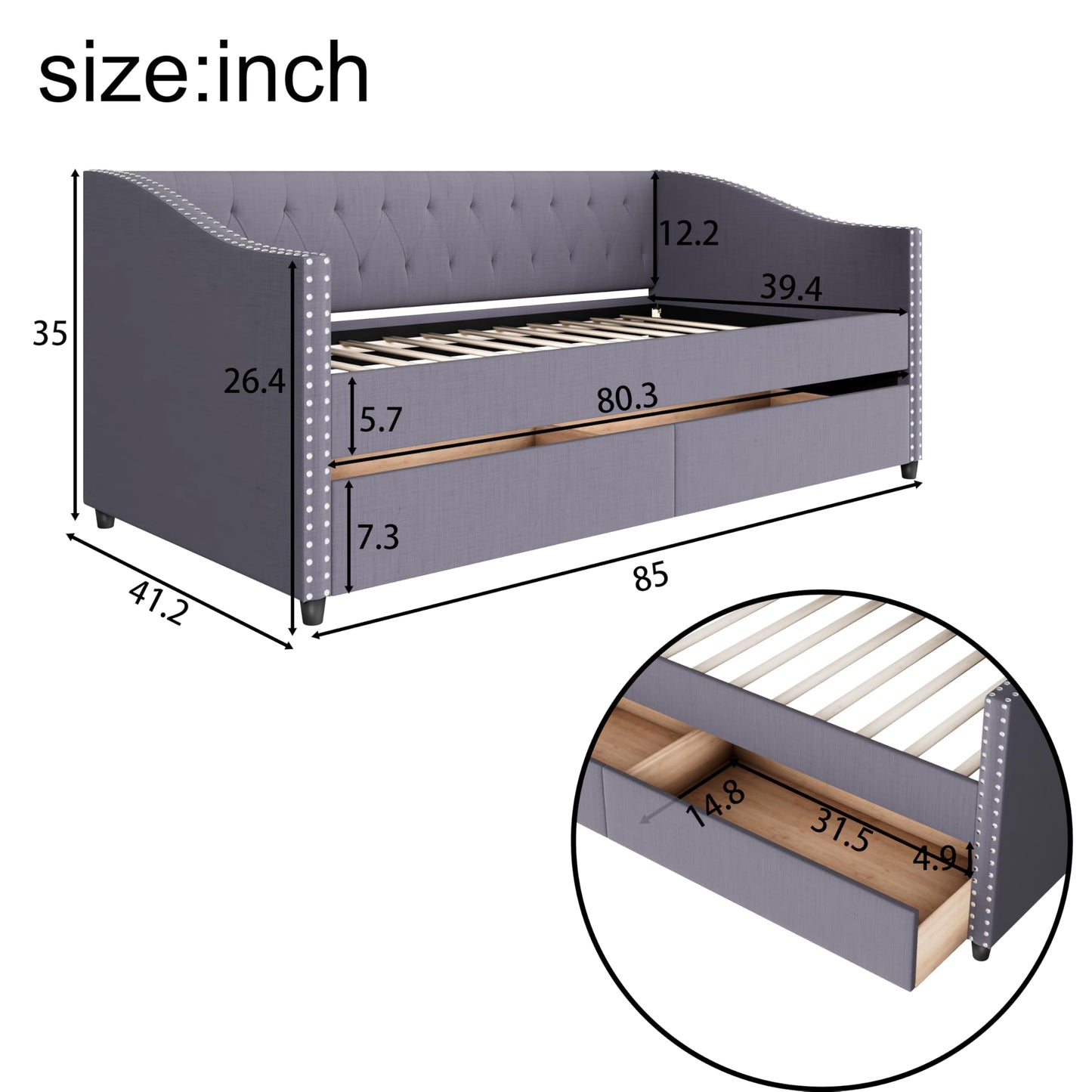 Christopher Knight Home Twin XL Daybed Frame with Two Drawers, Linen Fabric Upholstered Sofa Couch, 85’‘ Living Room Sleeper Sofa, Cozy Daybed for Bedroom, Diamond-Tufted Design, Rivet Armrests, Gray