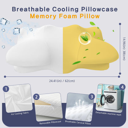 Dual-Height Cervical Neck Pillow for Pain Relief, Memory Foam Pillows with Cooling Tech -3D Ergonomic Support, Cooling Cover, for Side/Back/Stomach Sleeper Pillow, Minimalist Style - Gray,White