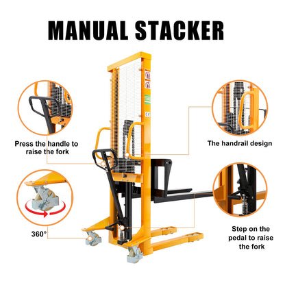 APOLLO Manual Pallet Stacker Hand Pallet Forklift 2200lbs Capacity 63" Lift Height, Fix Legs with Adjustable Forks Suitable for Open-Bottom Pallets