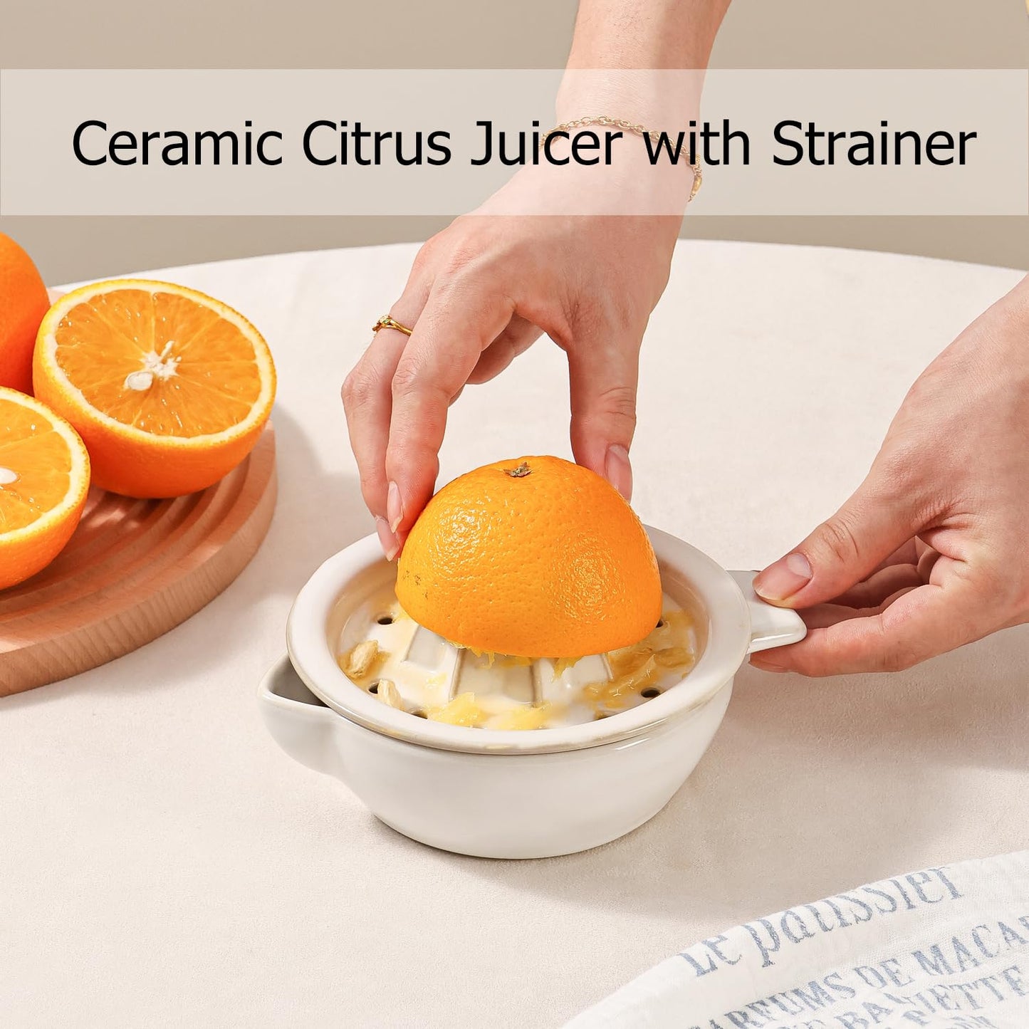 Ceramic Citrus Lemon Orange Juicer Manual Squeezer, Hand Juicer Reamer Rotation Press with 6.8oz Bowl, Strainer Lid, Spout, Handle, Dishwasher Safe, Easy to Clean