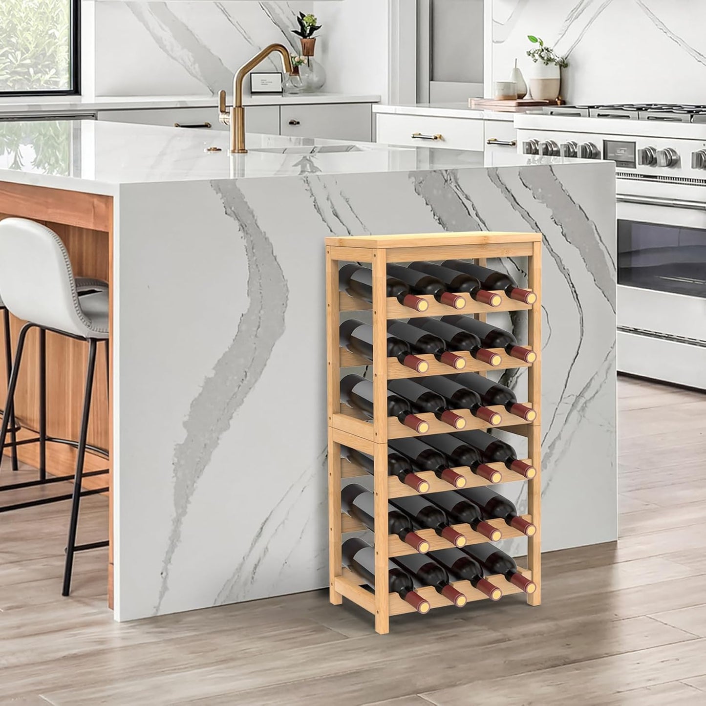 FoverOne 24-Bottle Bamboo Wine Rack Freestanding Floor, 6 Tier Wine Display Rack with Table Top, Wine Storage Shelf for Kitchen Dining Room Bar