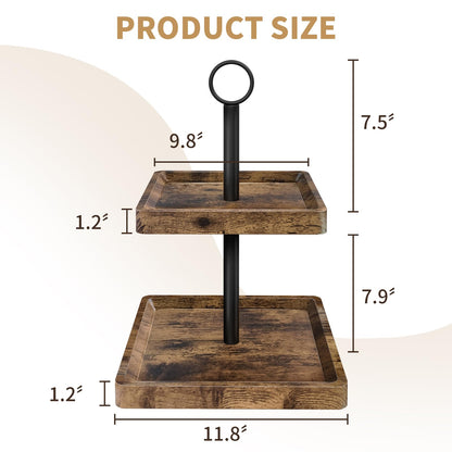 Tiered Tray Stand, Rustic Two Tier Decorative Tray with Metal Handle, Farmhouse Square Wood Serving Tray Counter Centerpiece, Cupcake Stand for Coffee Bar Home Party Decor Holiday Housewarming Gifts
