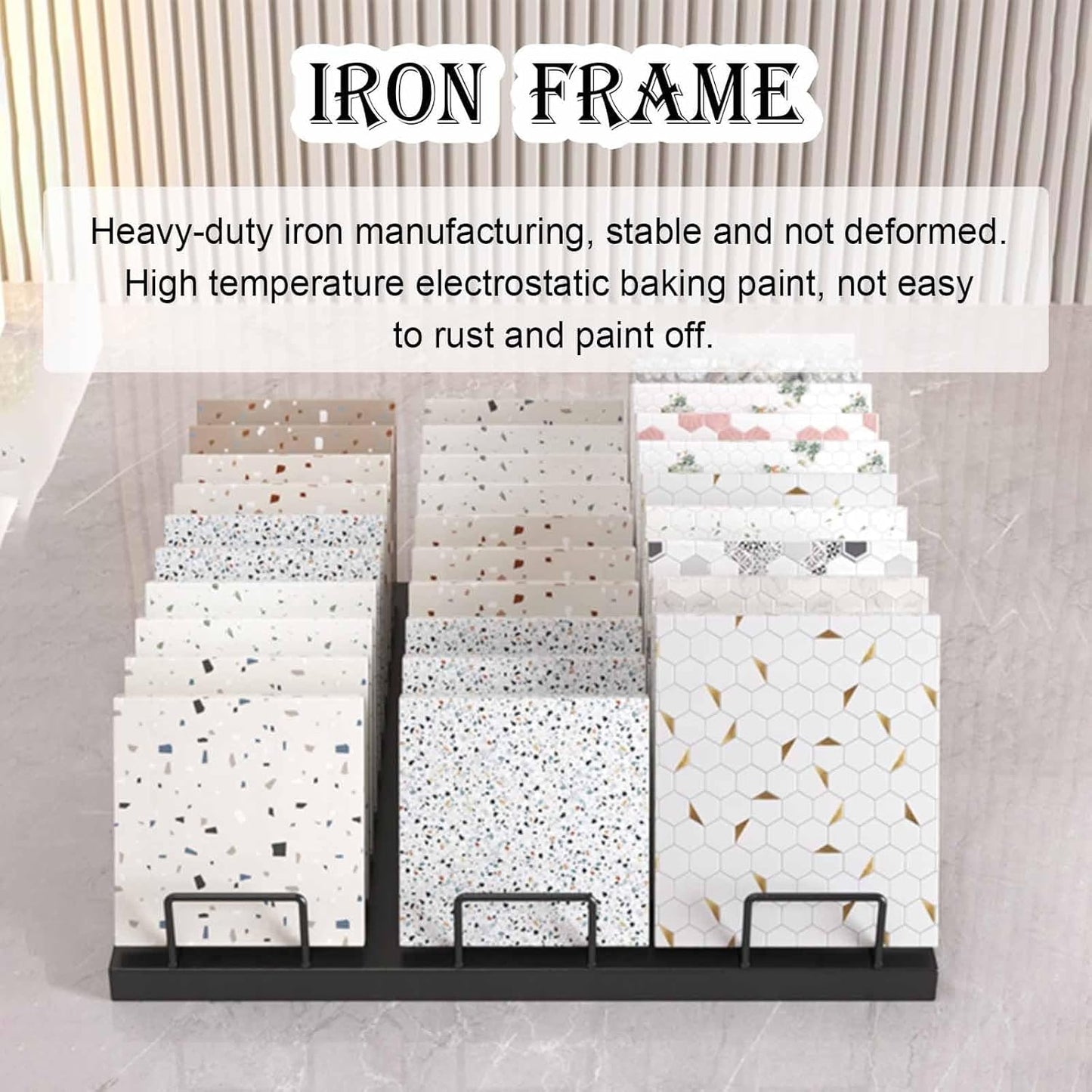 Floor tile sample rack,Heavy Duty Floor Tile Display Rack - Metal & Wooden Vertical Sample Holder, Perfect for Craft Shows, Oblique Insertion Design for Efficient Tile Storage