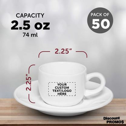 Custom Porcelain Espresso Cups with Saucer 2.5 oz. Set of 50, Personalized Bulk Pack - Perfect for Coffee, Tea, Espresso, Hot Cocoa, Other Beverages - White