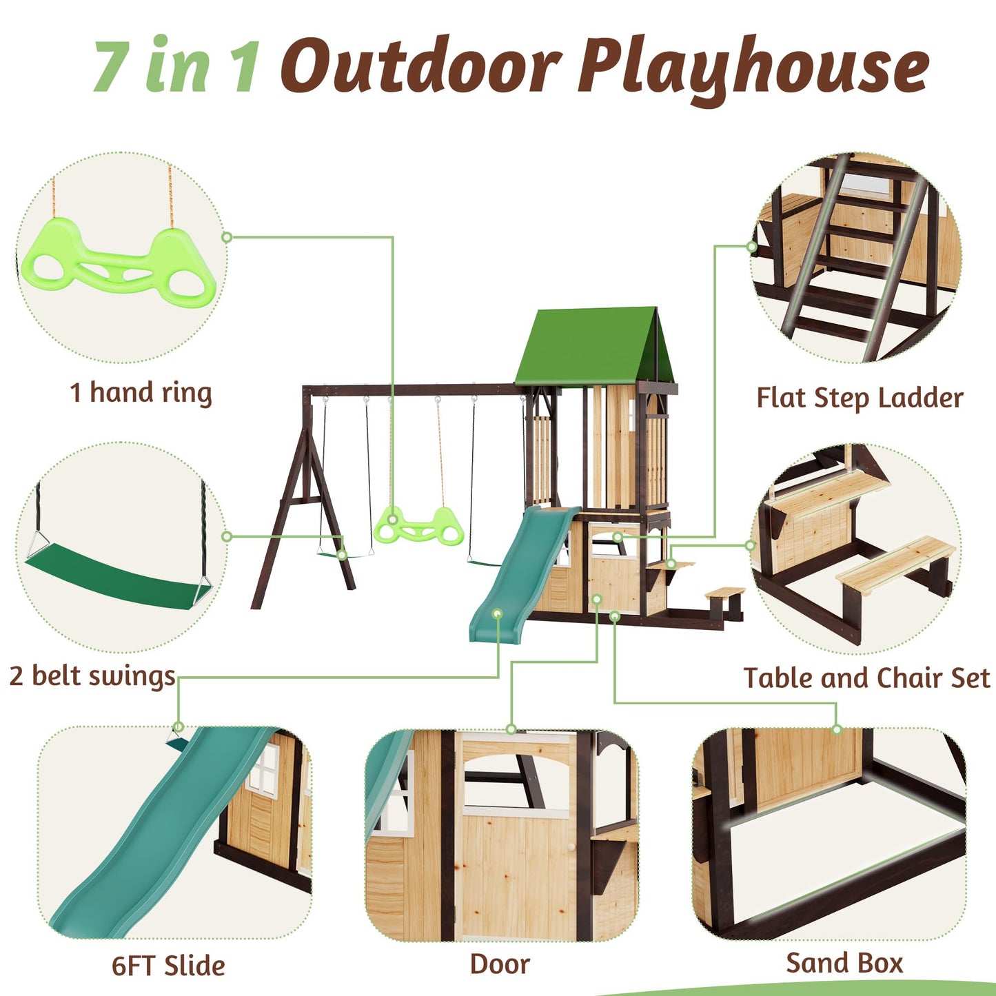 HOMMOW Wooden Swing Set with Wave Slide, Clubhouse, Playhouse, Snack Bar Window, Picnic Table and Chair, 2 Belt Swings, Trapeze, Full Front Door, Windows, Step Ladder, for Backyard
