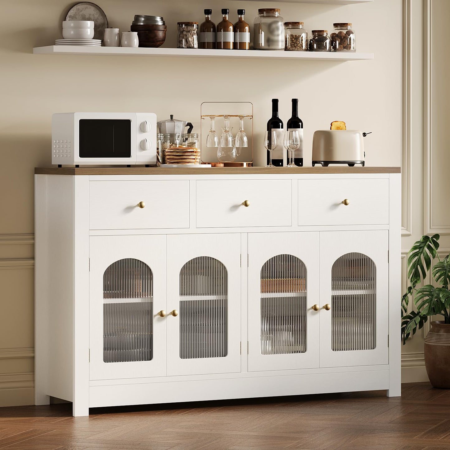 Farmhouse Large Buffet Sideboard Cabinet with 4 Doors & 3 Drawers, Kitchen Cabinet Display Cabinet with Adjustable Shelf, Wine Buffet Cabinet with Storage for Dining Room, Living Room, White
