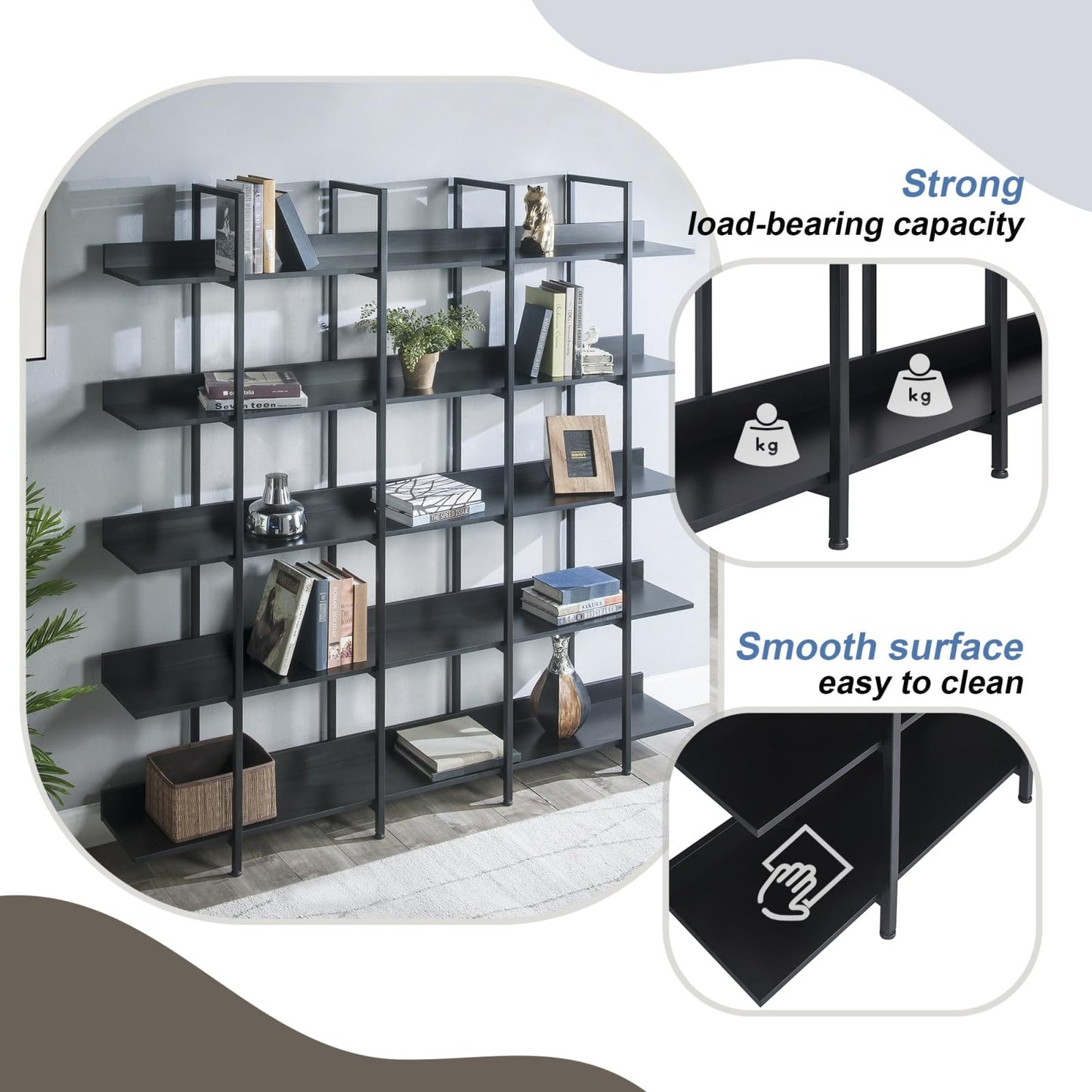 KCSWKJ 5 Tier Bookcase Home Office Open Bookshelf, Vintage Industrial Style Shelf with Metal Frame, MDF Board