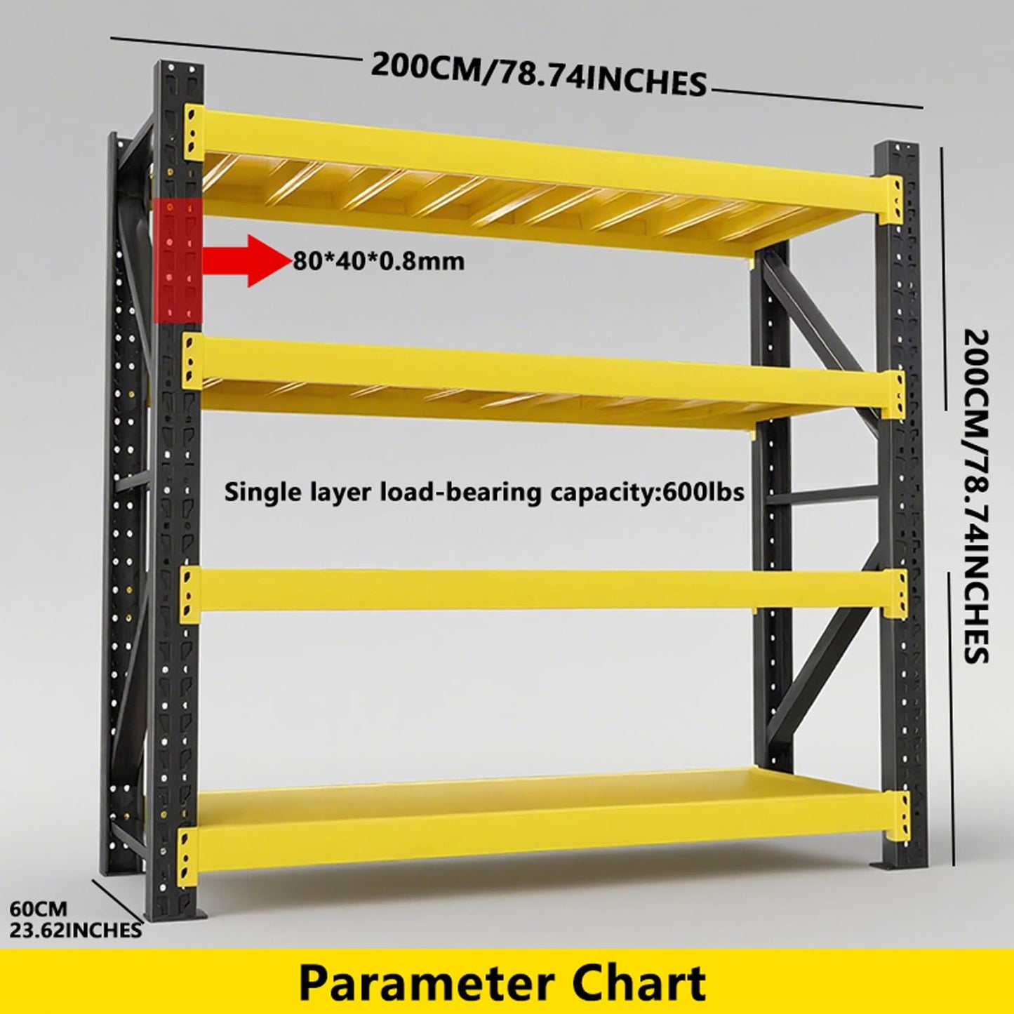 Heavy Duty Garage Shelving 4-Tier, 78.7" W Industrial Metal Adjustable Storage Rack for Garage, Warehouse & Basement, Yellow & Black,W78.74*D23.62*H78.74