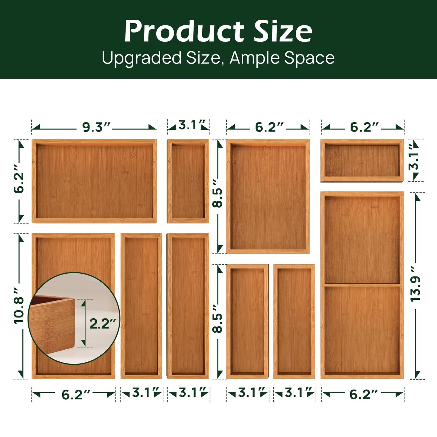 Carbonized Bamboo Kitchen Drawer Organizer, 8 Slots Silverware Organizer, Utensil Holder & Cutlery Tray, 2.2" Deep for Extra Capacity, Non-Slip Feet Included