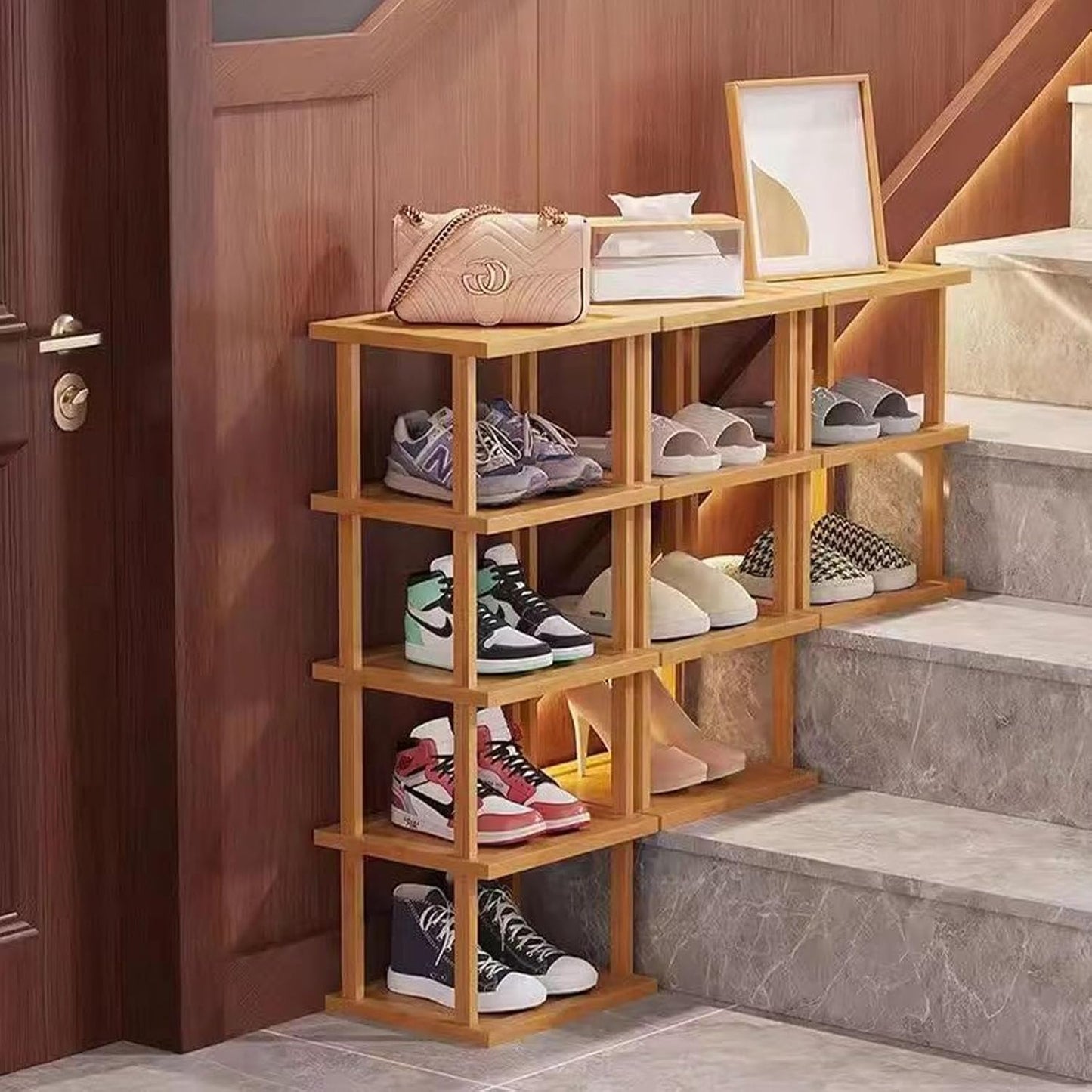 3Tier- Closet SAN HE Bamboo Shoe Rack Vertical Shoe Rack for Small Spaces, Tall Narrow Shoe Rack Organizer for Entryway