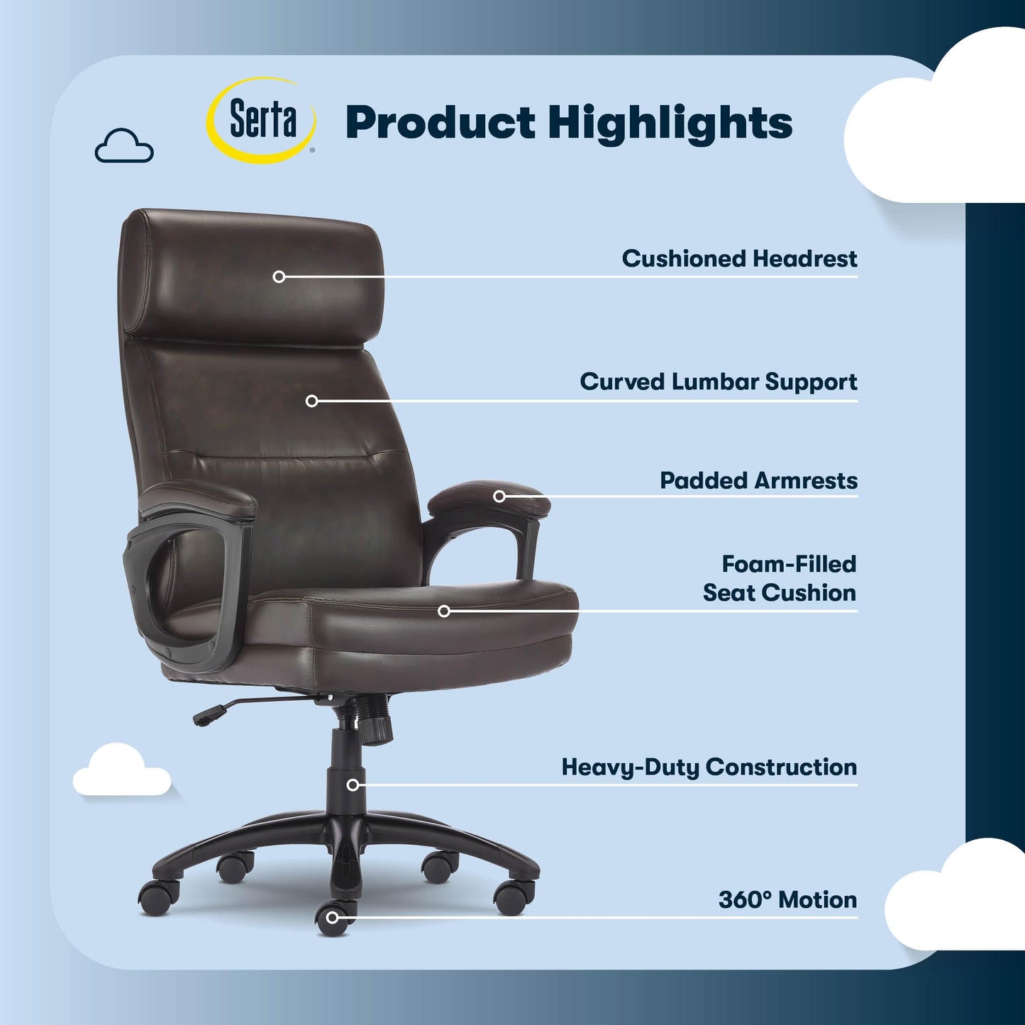 Serta Comfort Executive Big & Tall Office Chair, Ergonomic High-Back Computer DeskChair, Semi Plush Cushion Seat, Soft Padded Armrests, SertaQuality Foam, Metal Swivel Base, Bonded Leather, Black