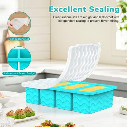 Silicone Freezer Trays with Lid (4-Pack), 1-Cup, 2-Cup, 1/2-Cup & 2-Tbsp Silicone Freezer Molds, Stackable Soup Freezer Meal Prep Containers,Ice Cube Tray for Making Sauce,Smoothies,Yogurt Bites