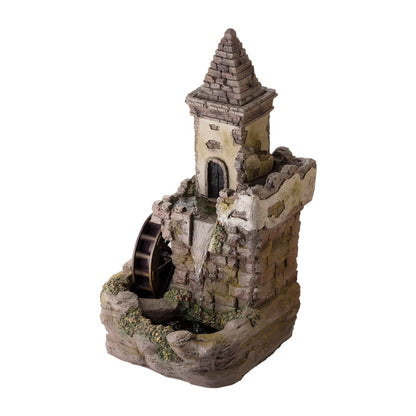 Alpine Corporation USA1164 Outdoor Floor Tiered Fairy Castle Waterwheel Water Fountain with Realistic Stone Look, 35", Brown