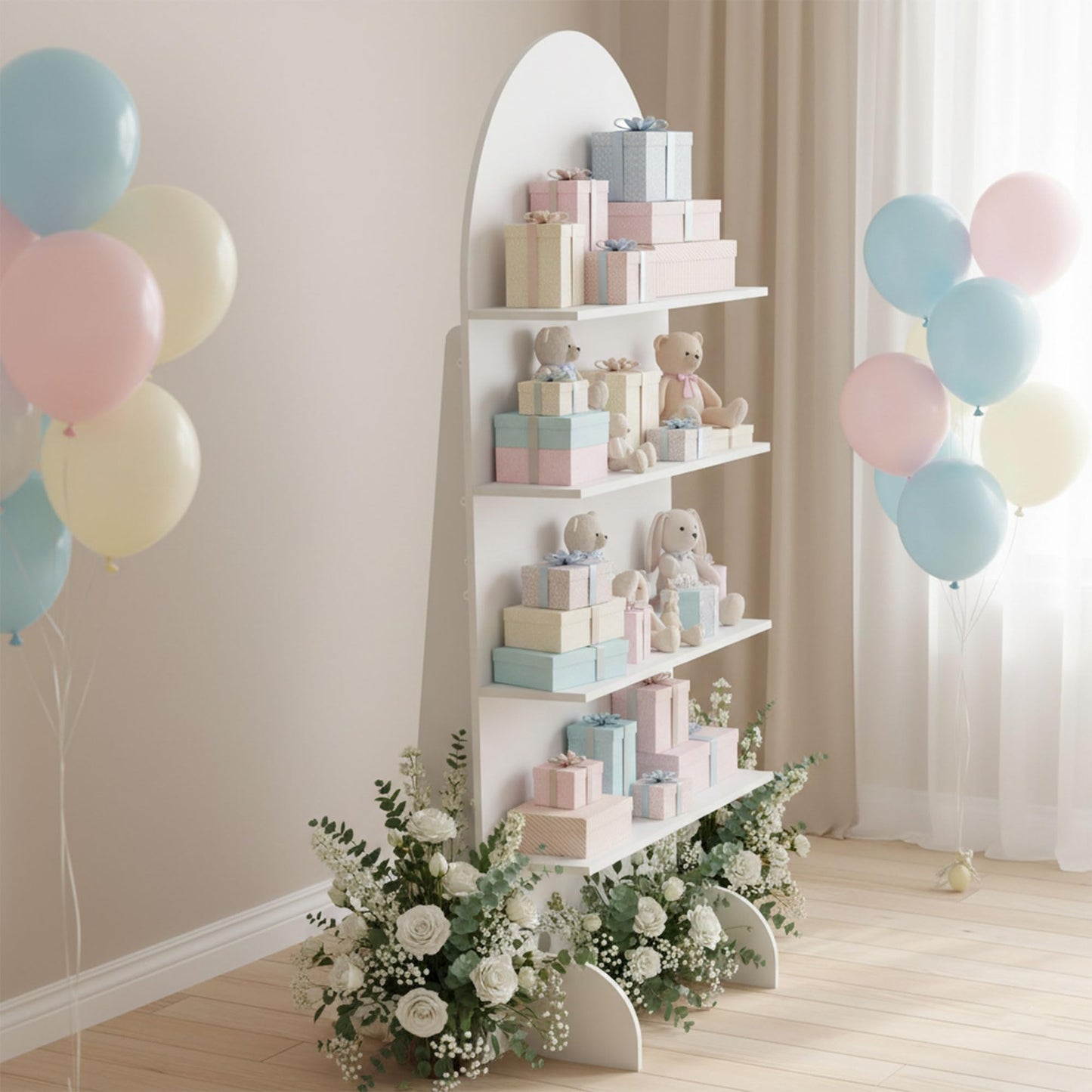 6FT Wooden Wedding Gift Display Arch, Original Design 4-Tier Party Favor, Cupcake & Drink Shelf Backdrop, Champagne Wall for Reception, Ceremony, Baby Shower & Birthday Parties, Easy Assembly