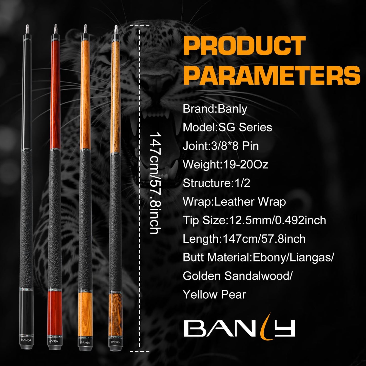 Banly Carbon Fiber Pool Cue Stick 12.5mm Time Crystal Tip, Low Deflection Pool Cue Professional Billiard Cue Sticks with Ebony Wood Butt Gift Box