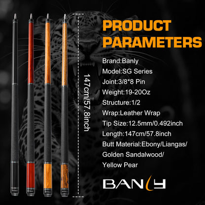 Banly Carbon Fiber Pool Cue Stick 12.5mm Time Crystal Tip, Low Deflection Pool Cue Professional Billiard Cue Sticks with Ebony Wood Butt Gift Box