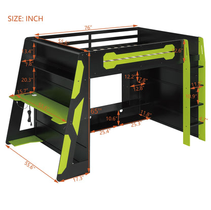 Full Size Wood Gaming Loft Bed with Desk, Full Loft Bed with Multi-Storage Shelves, Light and Charging Station for Teens, Adults Desk Built-in Console Shelf Underneath No Box Spring Needed, Green